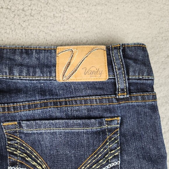 Y2K Vanity Jeans Womens 31x33 Blue Flared Leg Dark Wash Low Rise Whiskered Denim - Picture 10 of 11